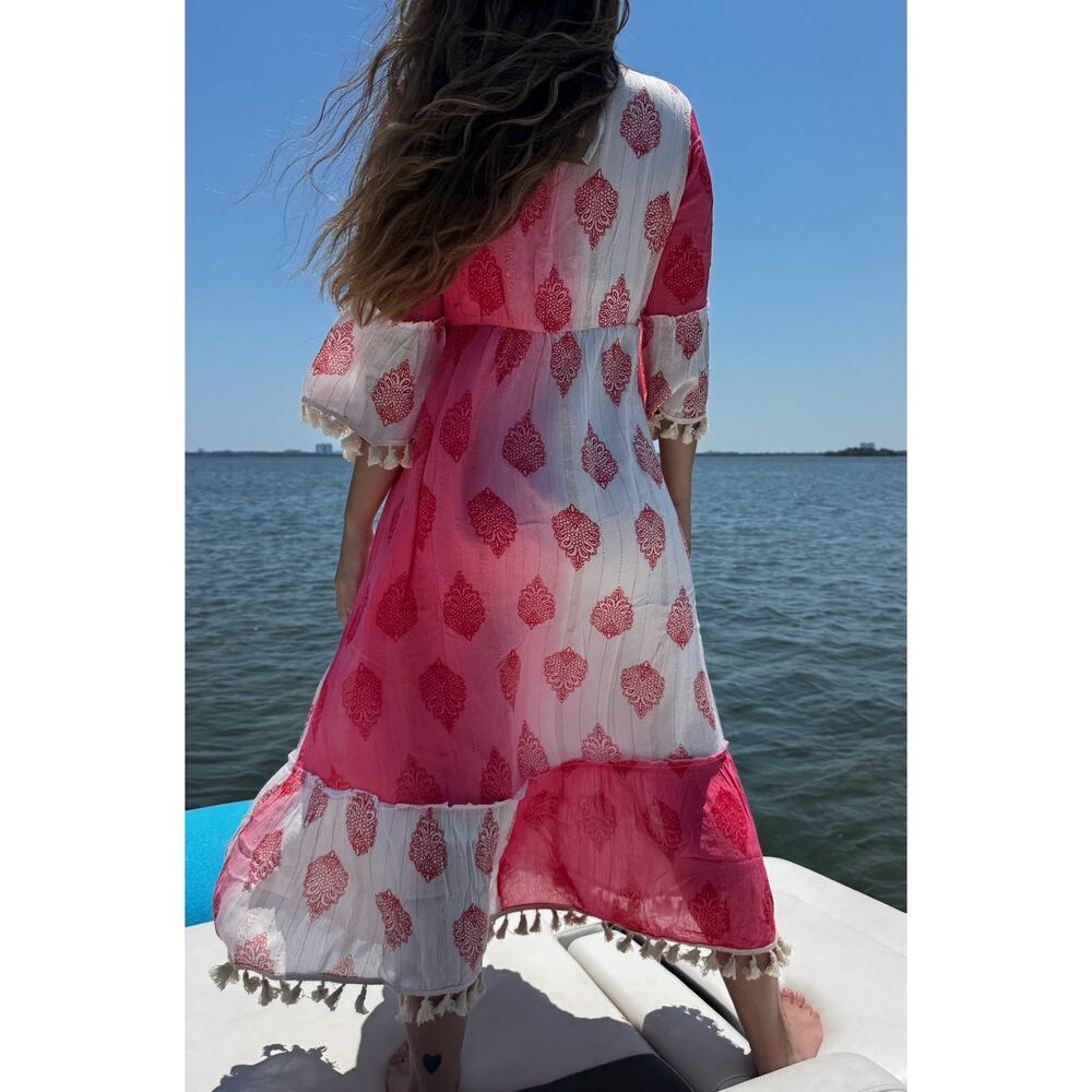 Boho Floral Pom Pom Dress with Gold and Rope Accents - Picture 3 of 3
